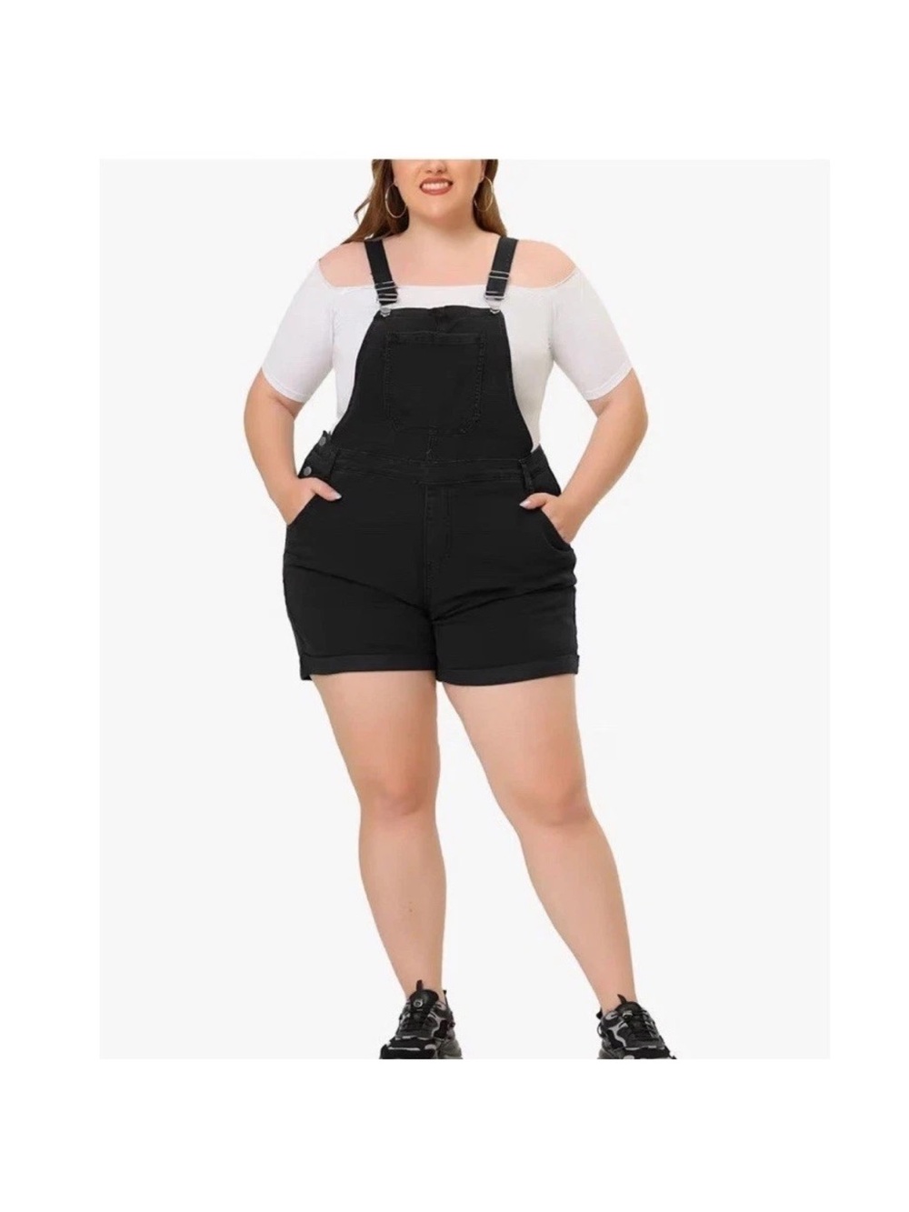 Curvy Fit Black Denim Short Overalls - Plus Size